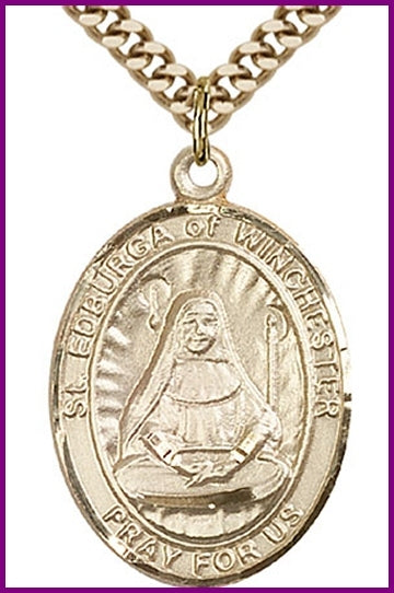 St. Edburga of Winchester Medal, Solid 14kt Gold, 1"x3/4", Free Chain, # 49381