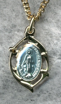 Miraculous Medal, Oval Thorns, Blue Enamel, 5/8", Solid 14kt Gold, Free Chain, # 43620