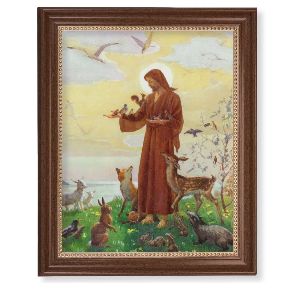 Our Lord with Animals Picture, 13-1/2"x16-9/16 Walnut Finish Frame with Gold Beaded Lip, Textured Italian Print # 22346