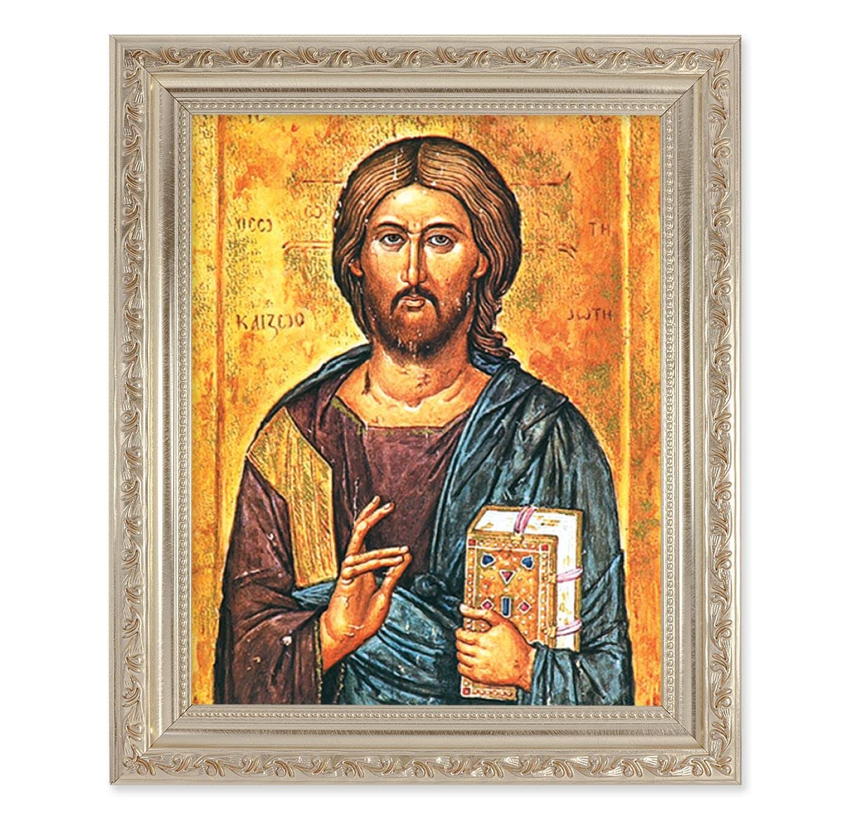 Christ The Teacher Icon, 10"x12" Antique Silver & Carved Scrollwork Frame, Italian Print Under Glass # 26770