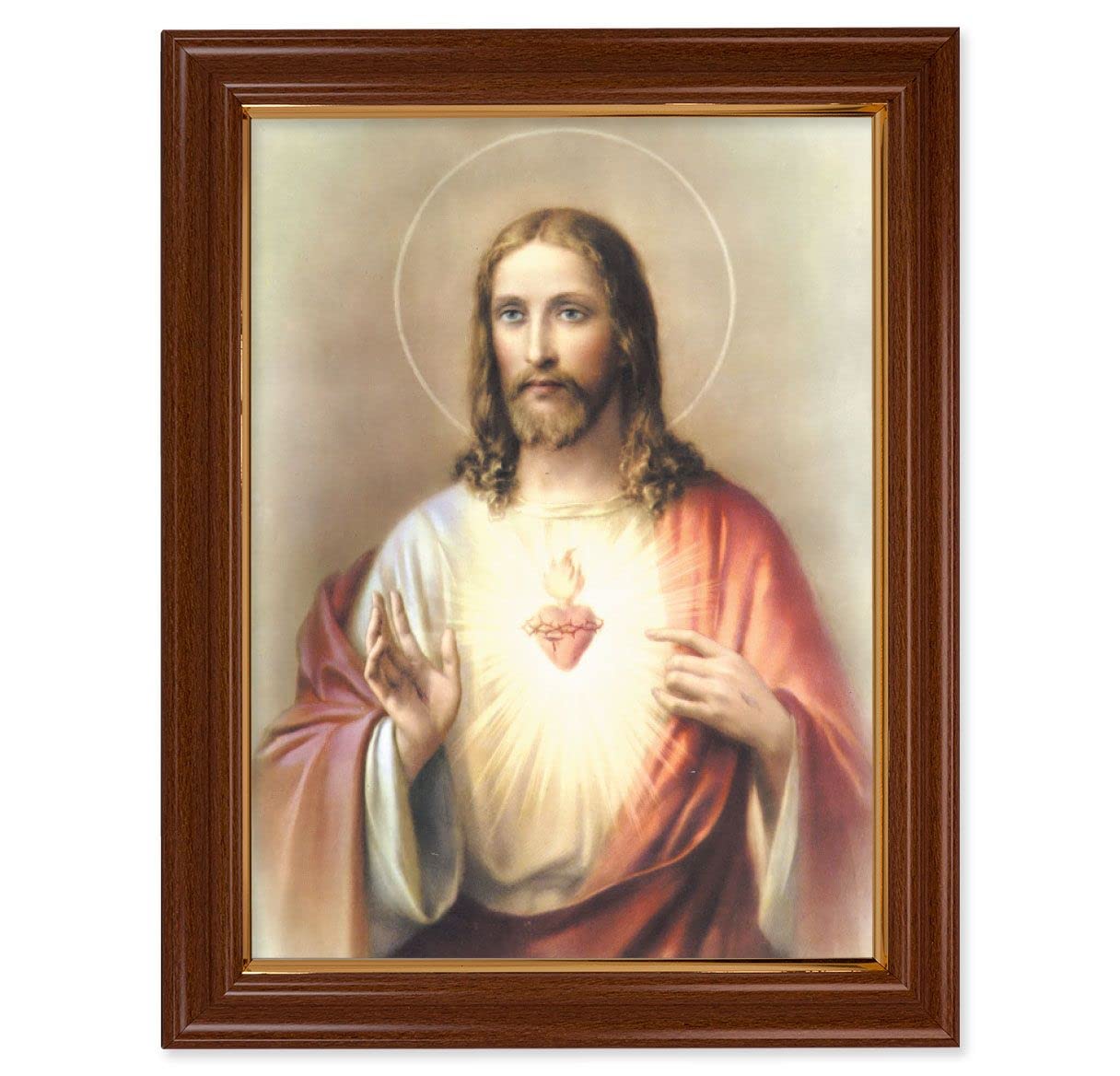 Sacred Heart of Jesus Picture, 15-1/2"x19-1/2 Walnut Finish Frame with Thin Gold Lip, Textured Italian Print # 22213