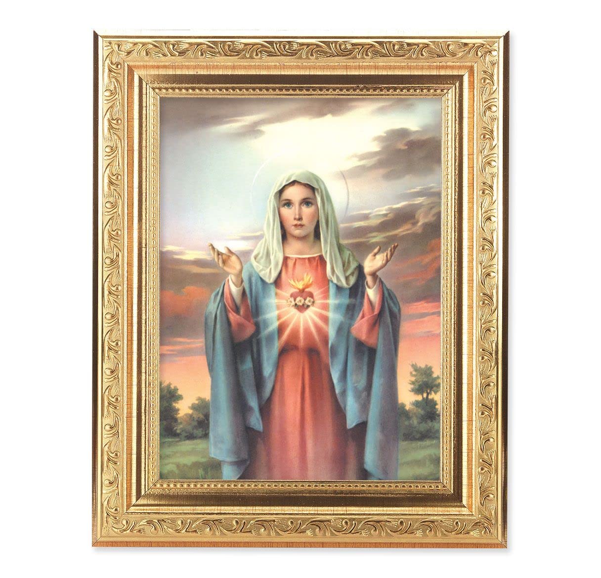 Immaculate Heart of Mary Picture, 8-1/4"x10-1/4 Gold-Leaf Finish Acanthus Leaf Detail Under Glass # 27689