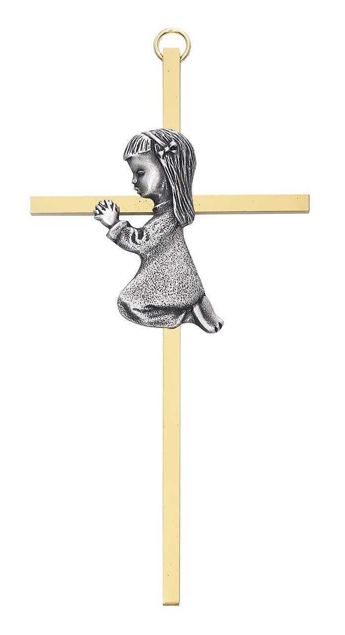 Praying Girl Gold-Tone Metal Wall Cross, Fine Pewter Figure, 6" Tall # 20381