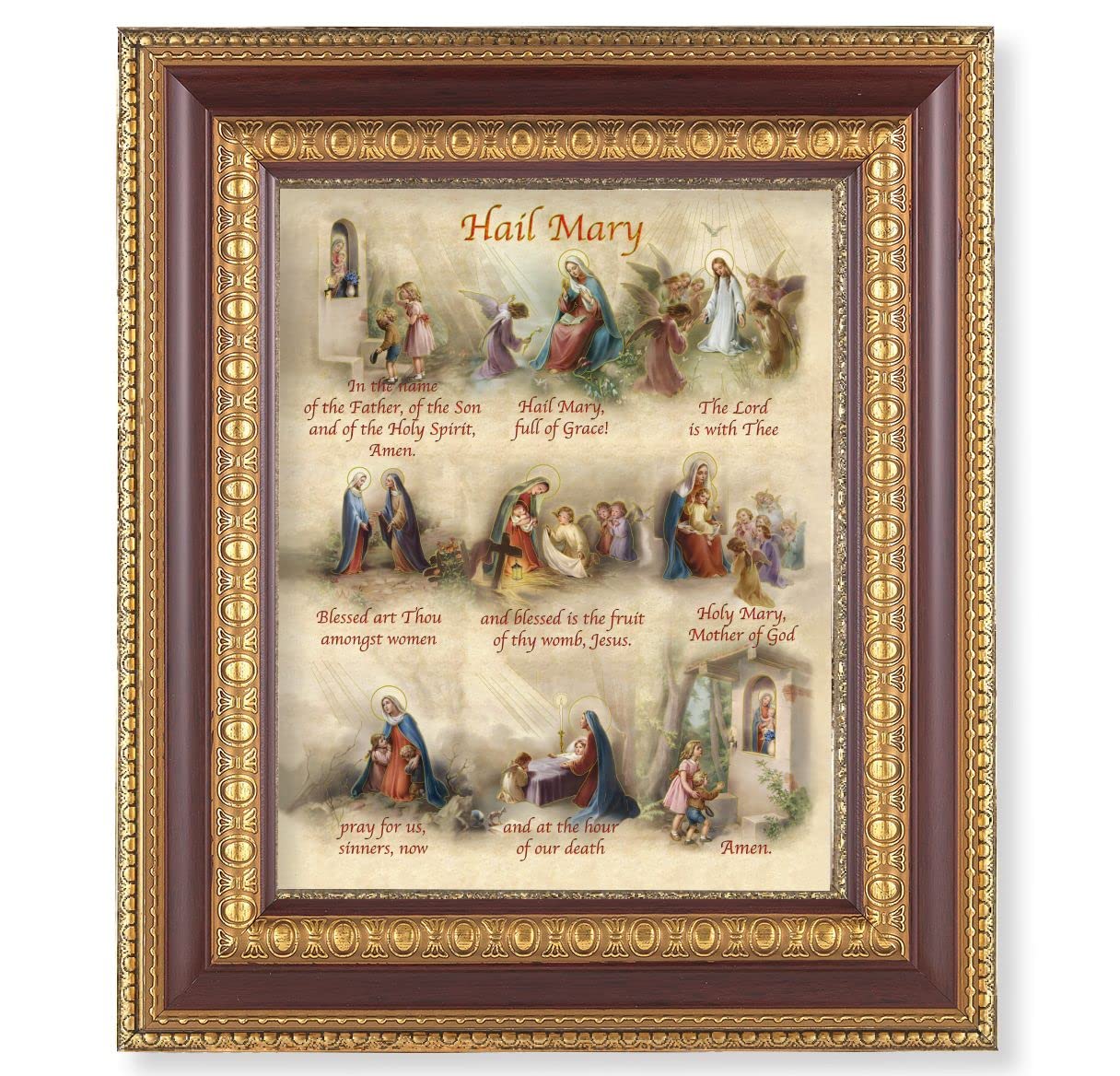Hail Mary in Images, 11-1/2"x13-1/2, Cherry Finish with Gold Egg & Dart Frame, Italian Print Under Glass # 26040