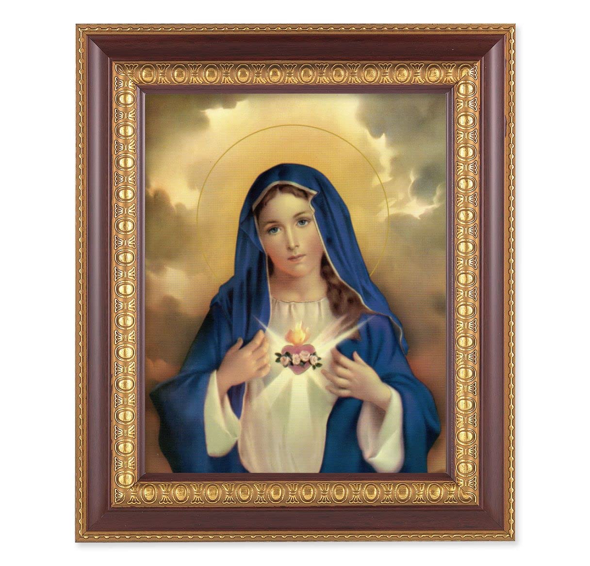 Immaculate Heart of Mary, 11-1/2"x13-1/2, Cherry Finish with Gold Egg & Dart Frame, Italian Print Under Glass # 26044