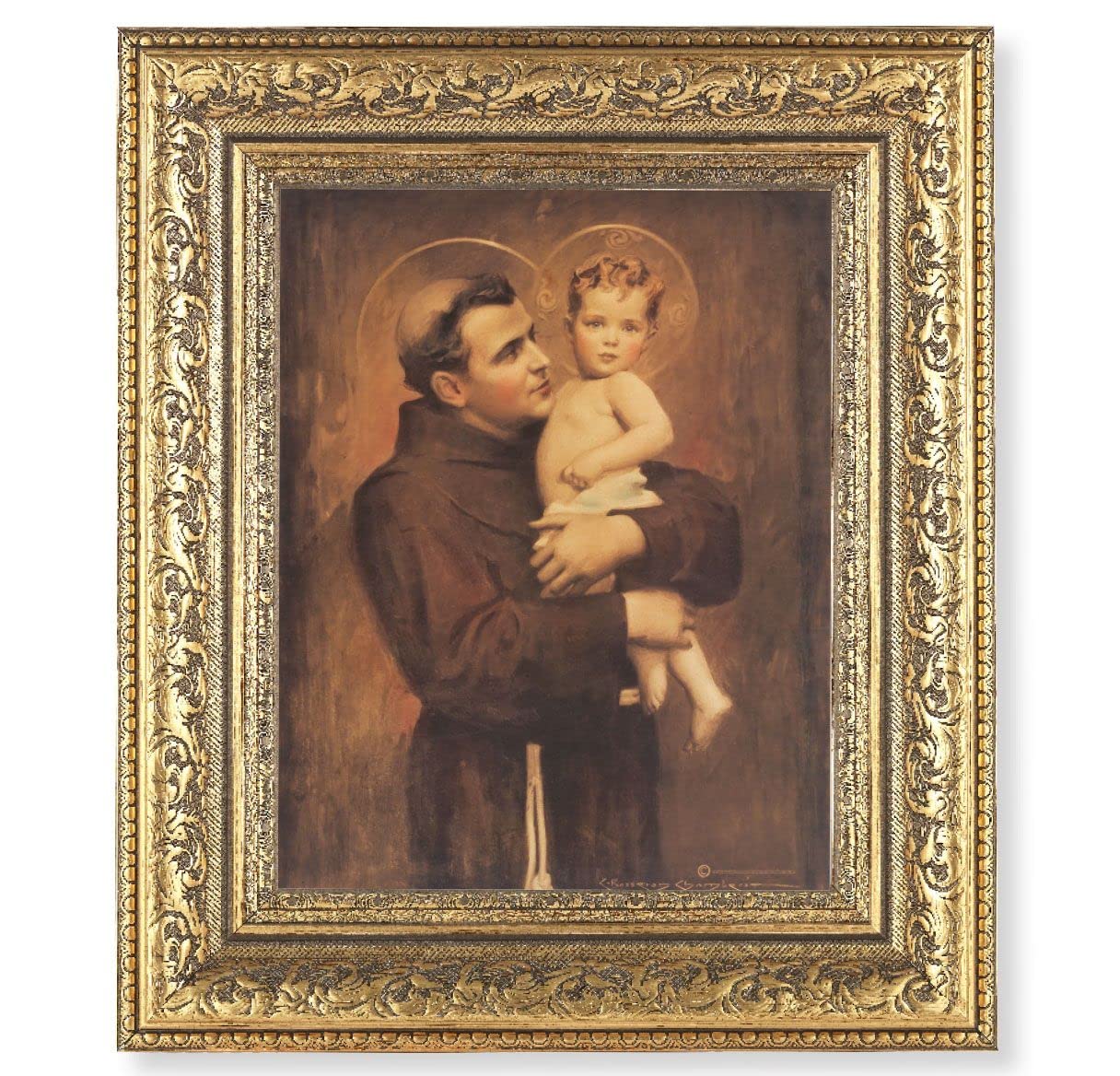 St. Anthony with Jesus Picture, 12-1/2"x14-1/2, Antique Gold Leaf Carvings Ornate Frame, Italian Print Under Glass # 25567