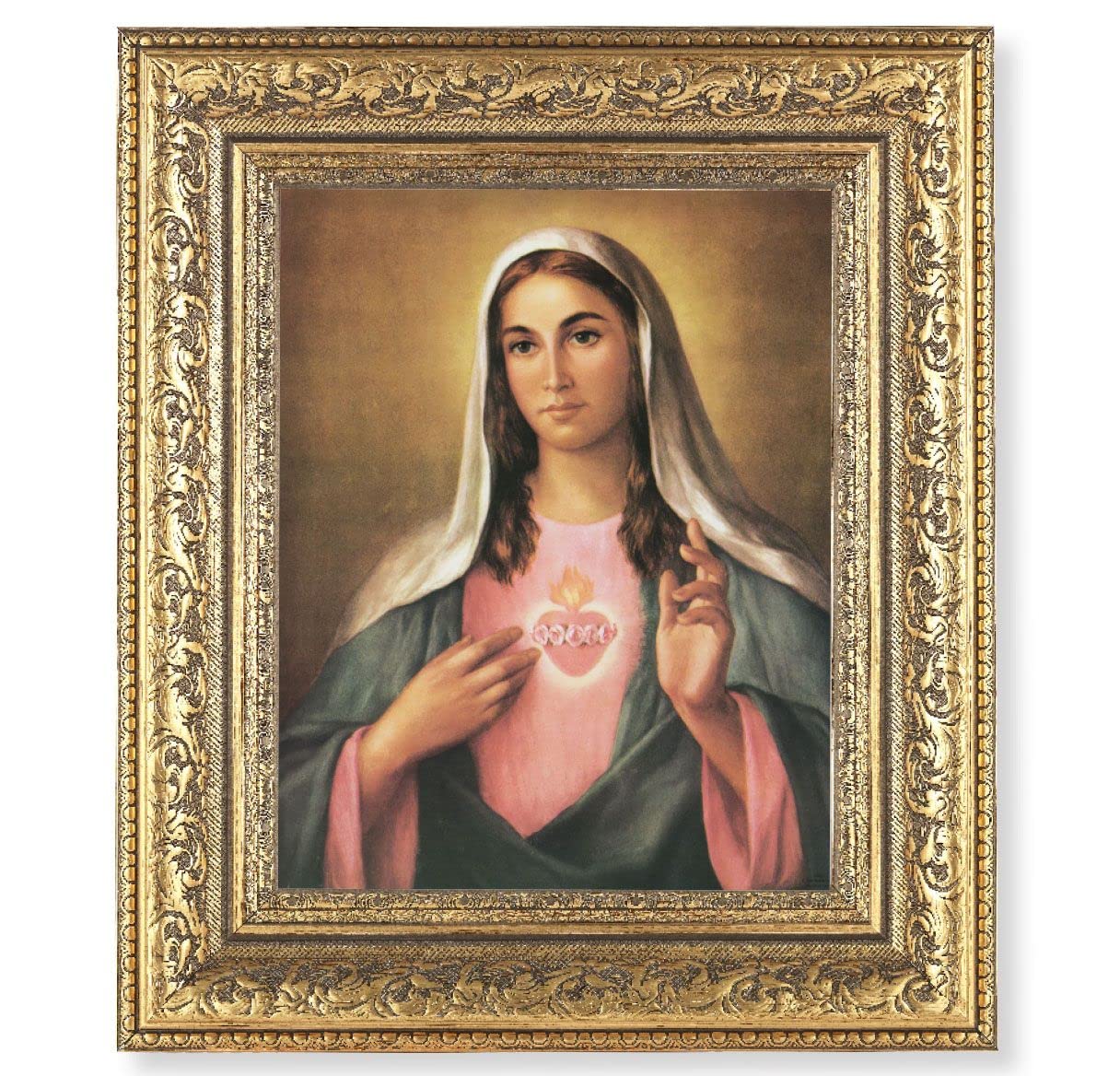Immaculate Heart of Mary Picture, 12-1/2"x14-1/2, Antique Gold Leaf Carvings Ornate Frame, Italian Print Under Glass # 25536
