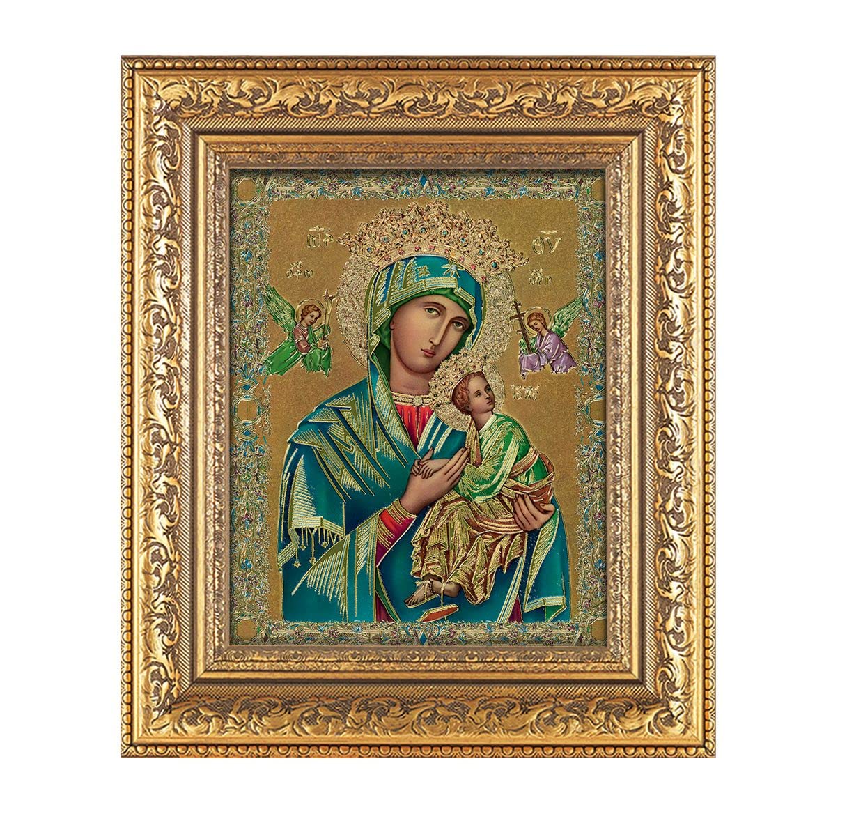 Our Lady of Perpetual Help Picture, 12-1/2"x14-1/2, Antique Gold Leaf Carvings Ornate Frame, Italian Gold Stamped Print Under Glass # 25469