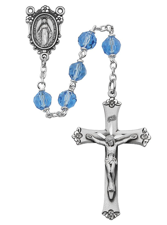 Miraculous Medal Rosary, 7mm Tin Cut Blue Beads, Pewter Center and 1-7/8" Crucifix