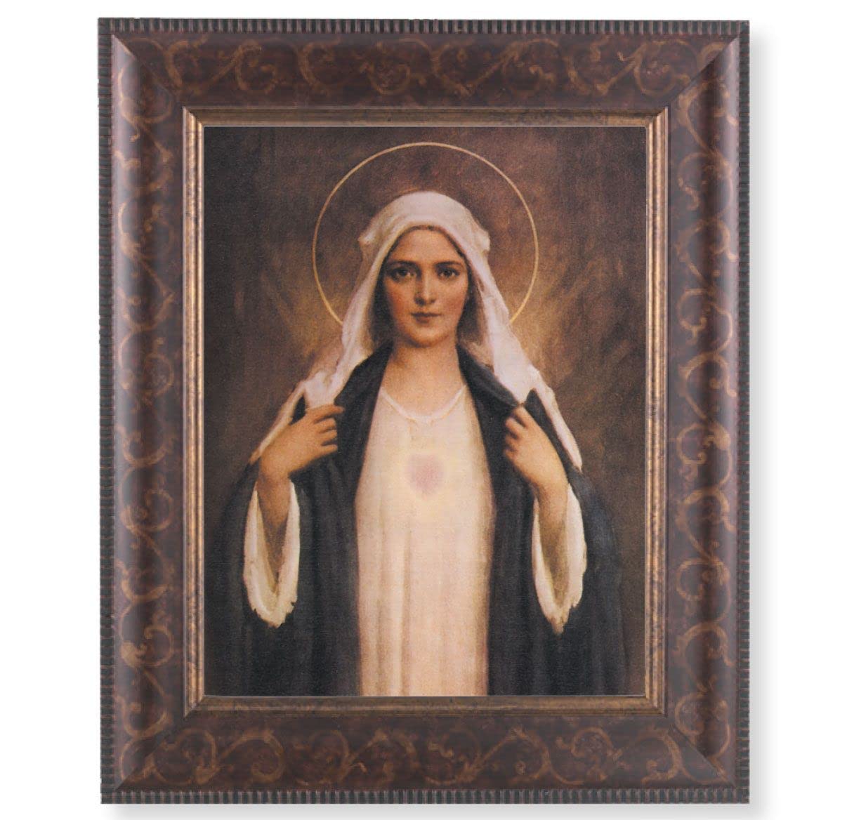 Immaculate Heart of Mary Picture, 11-1/4"x13-1/4, Antique Gold & Espresso Frame, Italian Print Under Glass # 25828