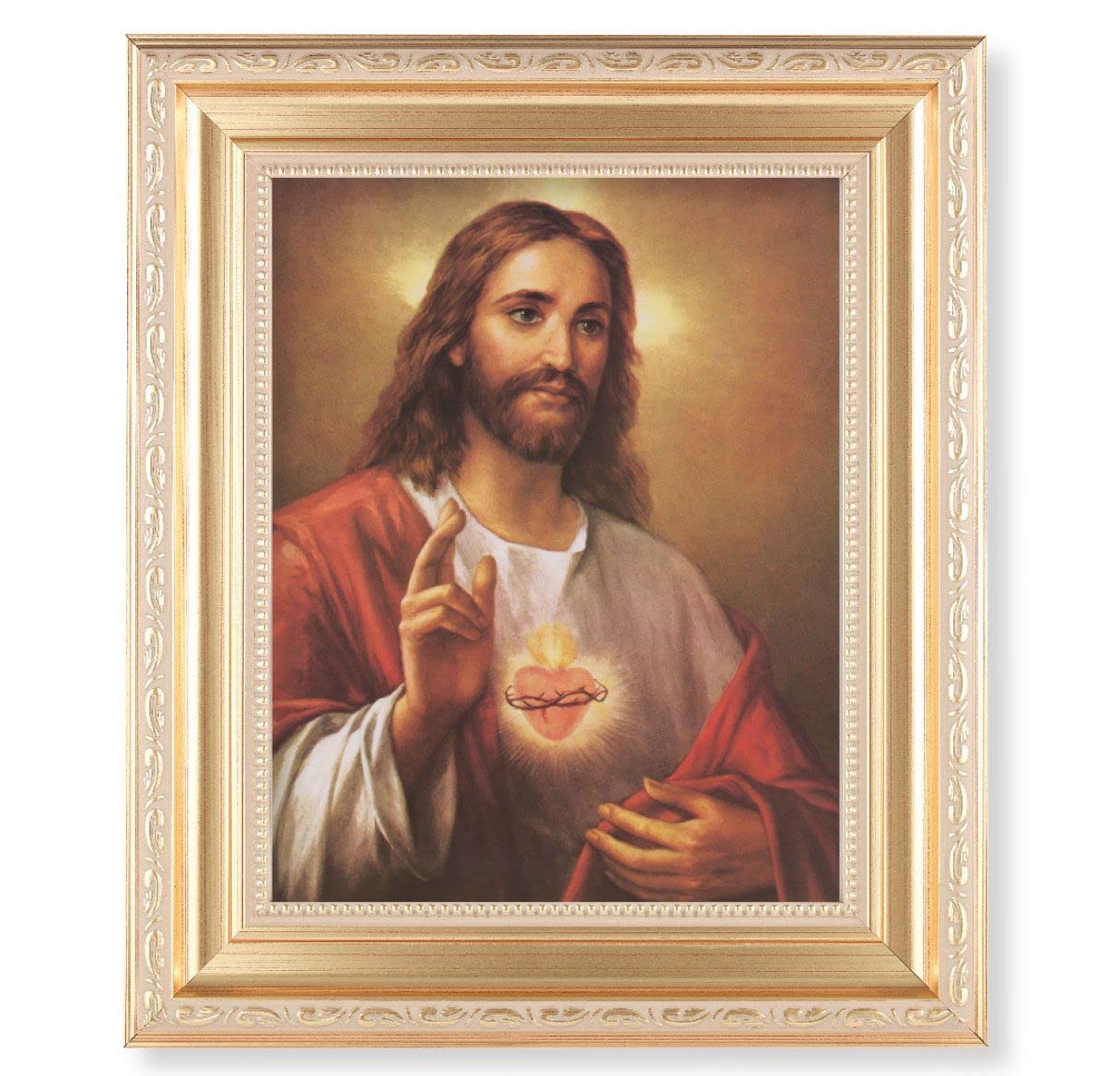 La Fuente: Sacred Heart of Jesus, 11.5"x13.5" Satin Gold Frame, Distressed Finish with Scrollwork, Italian Print Under Glass # 26486