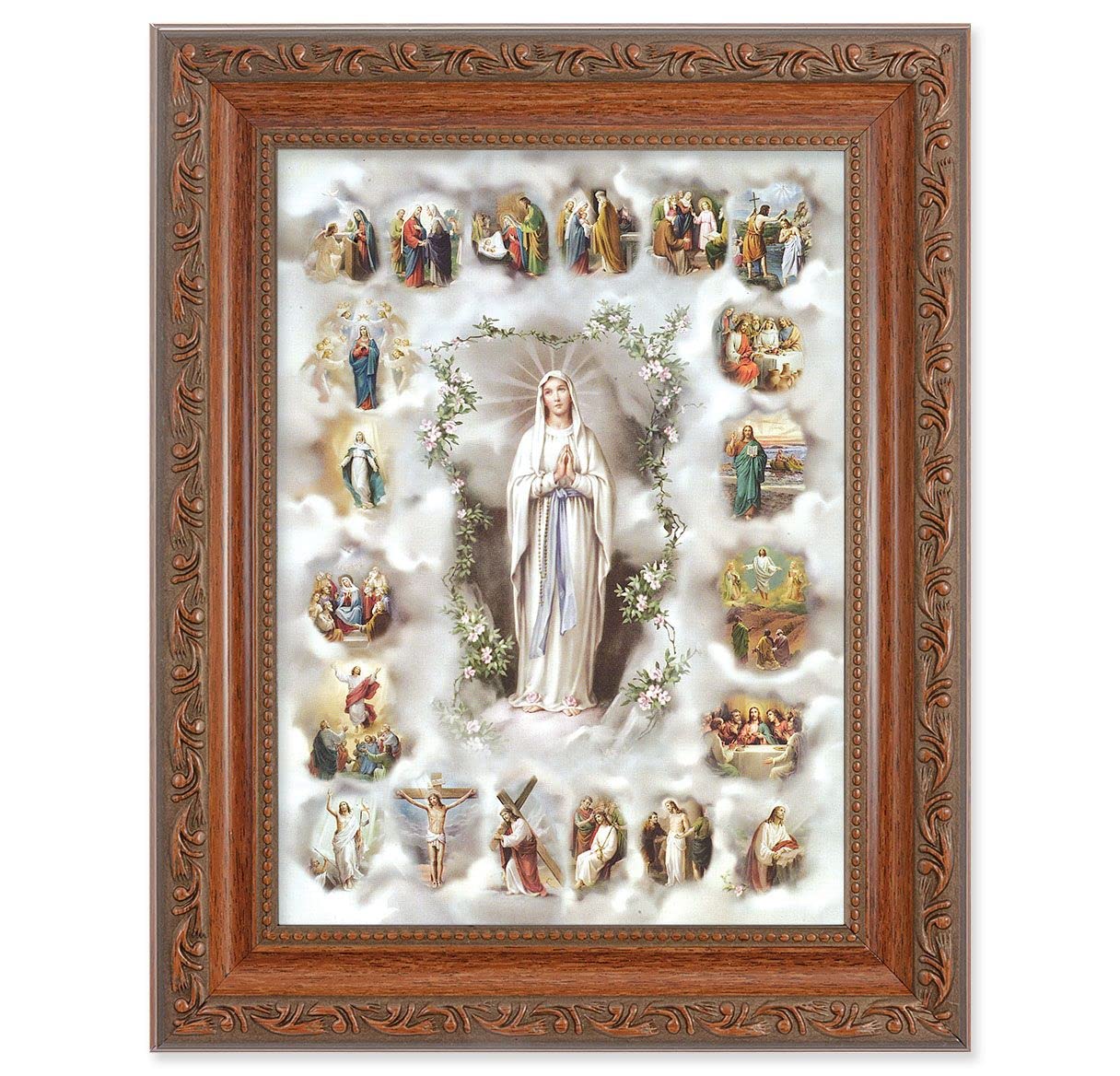 Mysteries of The Rosary Picture, 8-1/4"x10-1/4 Mahogany Finish with Acanthus Leaf Detail Under Glass # 27811