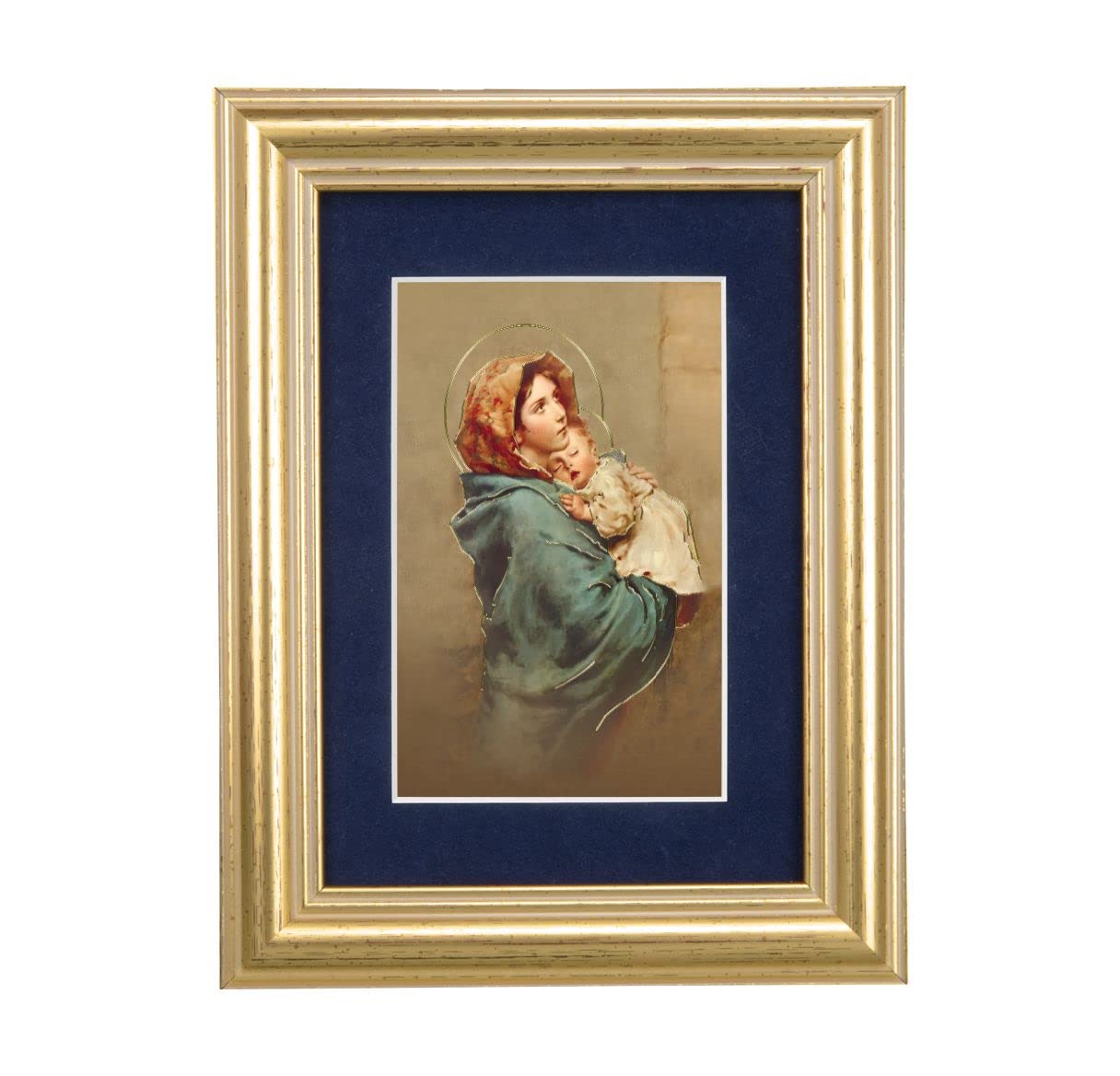 Madonna of The Street Picture, 5"x6.5" Antique Gold Fluted Frame, Behind Blue Velvet Matting # 28271