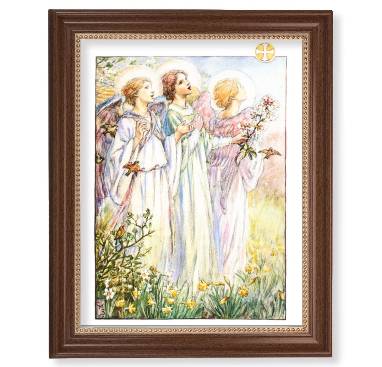Three Angels Picture, 13-1/2"x16-9/16 Walnut Finish Frame with Gold Beaded Lip, Textured Italian Print # 25222