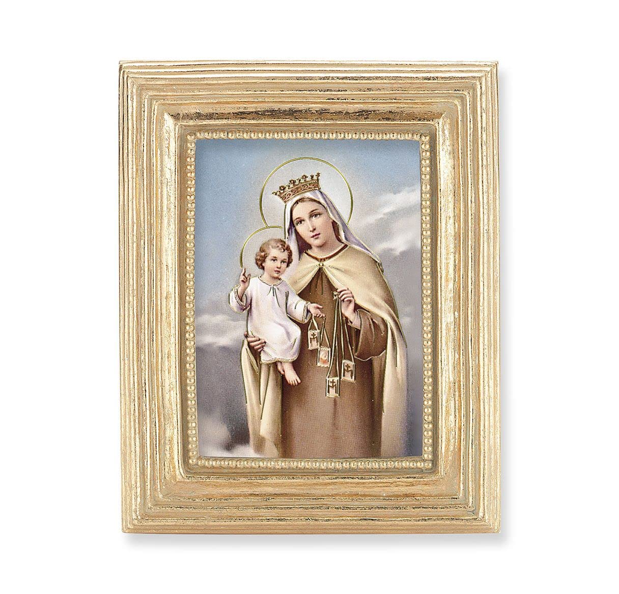 Our Lady of Mount Carmel Picture, Gold Finish 3-7/8"x4-3/4 Frame, Exclusive Gold Stamped Print Under Glass # 28334