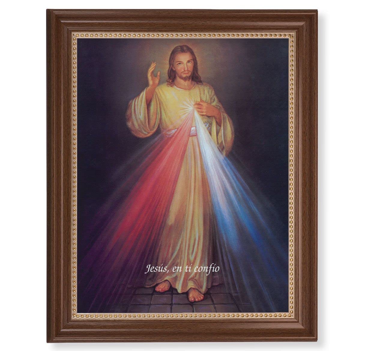 Spanish Divine Mercy Picture, 13-1/2"x16-9/16 Walnut Finish Frame with Gold Beaded Lip, Textured Italian Print # 22274