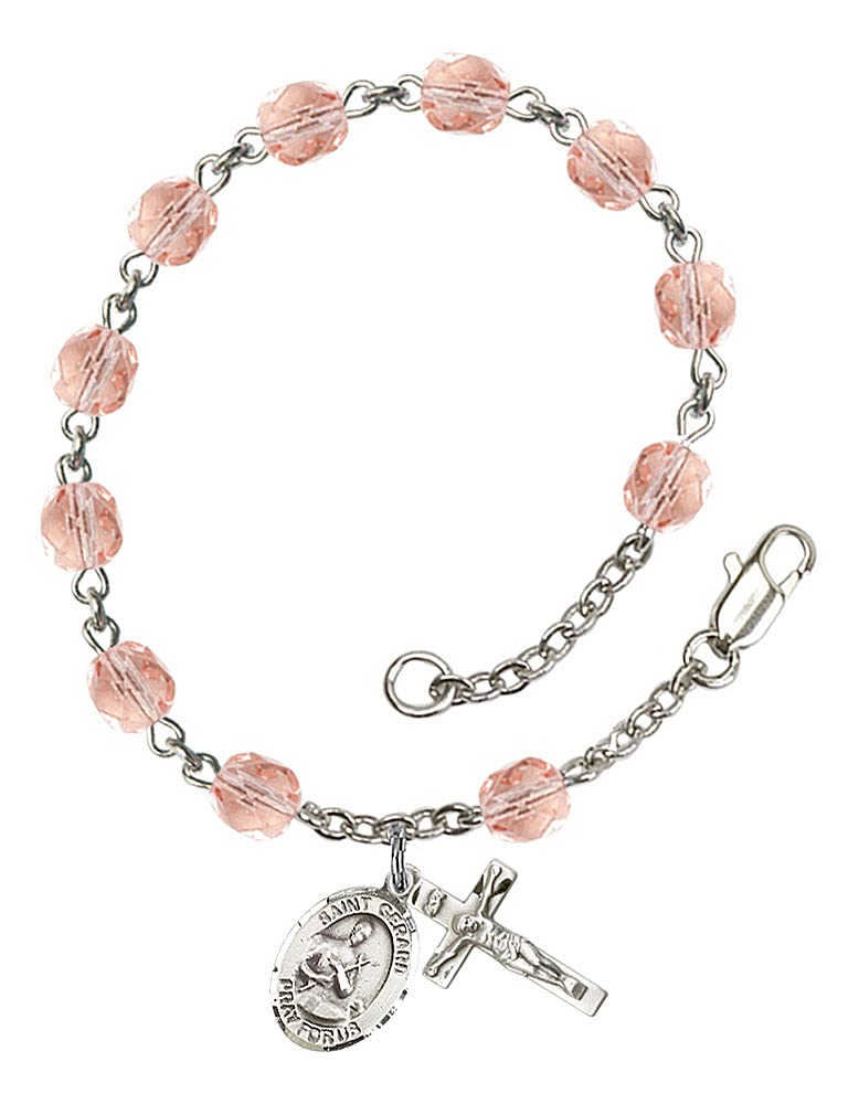 6mm Fire Polished Silver Plate Rosary Bracelet, Pink, St. Gerard, # 66179