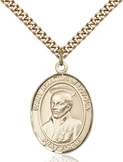 St. Ignatius of Loyola Medal, Solid 14kt Gold, 1"x3/4", Free Chain, # 54005