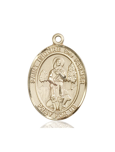 St. Isidore the Farmer Medal, Solid 18kt Gold, 1"x3/4", Free Chain, # 54019