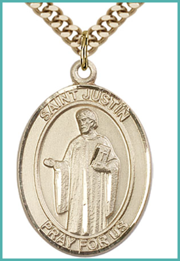 St. Justin Medal, Solid 18kt Gold, 1"x3/4", Free Chain, # 54160