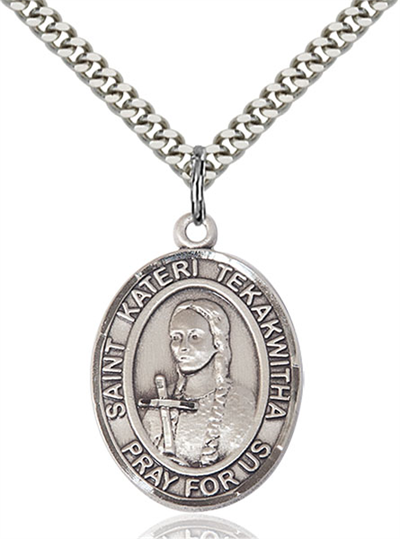 1"x3/4" Sterling Silver St. Kateri Tekakwitha Medal, Your Choice of Chain, # 54164