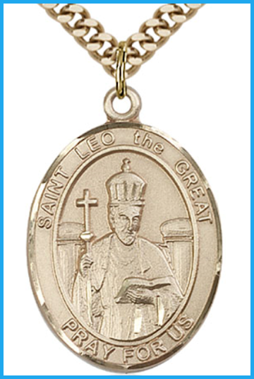 St. Leo the Great Medal, Solid 18kt Gold, 1"x3/4", Free Chain, # 54193