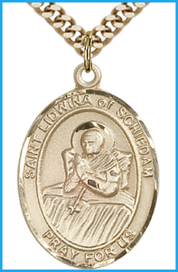 St. Lidwina of Schiedam Medal, Solid 14kt Gold, 1"x3/4", Free Chain, # 54196