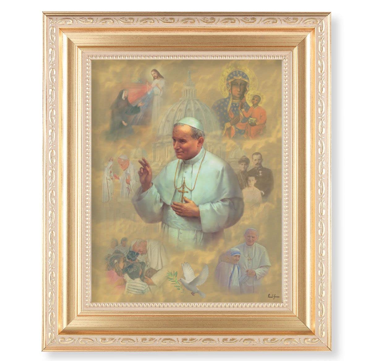 St. John Paul II Collage, 11.5"x13.5" Satin Gold Frame, Distressed Finish with Scrollwork, Italian Print Under Glass # 26490