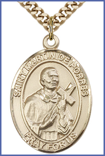 Solid 18kt Gold Medal, 1"x3/4", St. Martin de Porres, Free Chain, # 54292