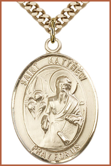 Solid 18kt Gold Medal, 1"x3/4", St. Matthew the Apostle, Free Chain, # 54308