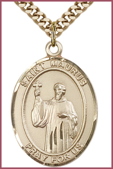 Solid 14kt Gold Medal, 1"x3/4", St. Maurus, Free Chain, # 54313