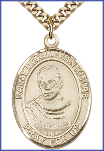 Solid 18kt Gold Medal, 1"x3/4", St. Maximilian Kolbe, Free Chain, # 54317