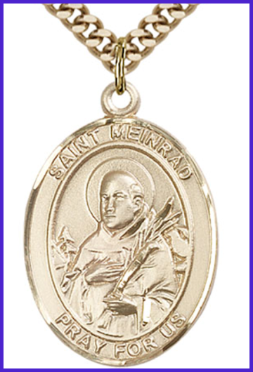 Solid 18kt Gold Medal, 1"x3/4", St. Meinrad of Einsiedeln, Free Chain, # 54322