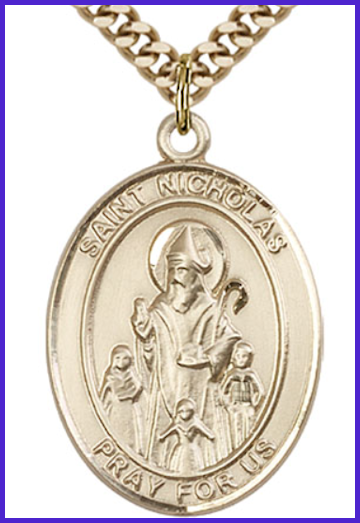 Solid 18kt Gold Medal, 1"x3/4", St. Nicholas, Free Chain, # 54332