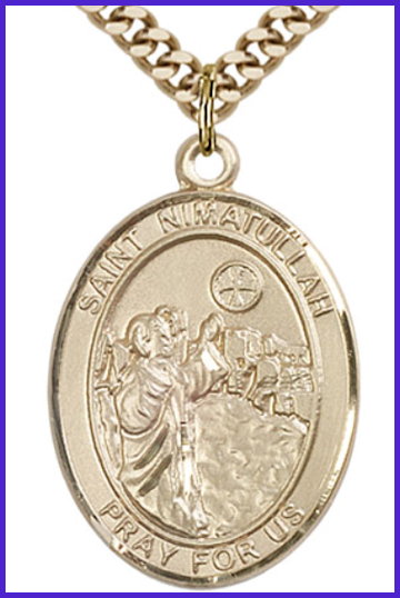Solid 14kt Gold Medal, 1"x3/4", St. Nimatullah al-Hardini, Free Chain, # 54335
