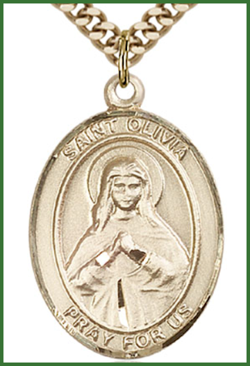 Solid 14kt Gold Medal, 1"x3/4", St. Olivia, Free Chain, # 54347