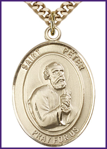 Solid 18kt Gold Medal, 1"x3/4", St. Peter the Apostle, Free Chain, # 54377