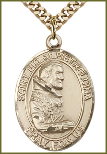 14kt Gold Filled Medal, 1"x3/4", St. Pio of Pietrelcina, Your Choice of Chain, # 54392