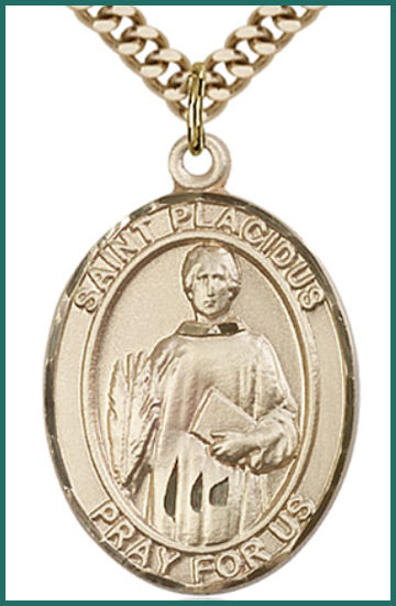 Solid 14kt Gold Medal, 1"x3/4", St. Placidus, Free Chain, # 54399