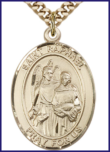 Solid 14kt Gold Medal, 1"x3/4", St. Raphael the Archangel, Free Chain, # 54415