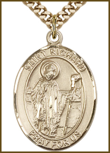 Solid 18kt Gold Medal, 1"x3/4", St. Richard, Free Chain, # 54445