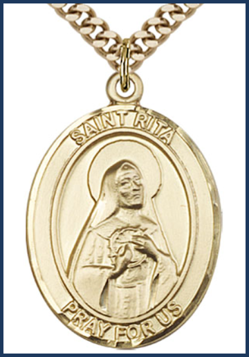 Solid 14kt Gold Medal, 1"x3/4", St. Rita of Cascia, Free Chain, # 54447