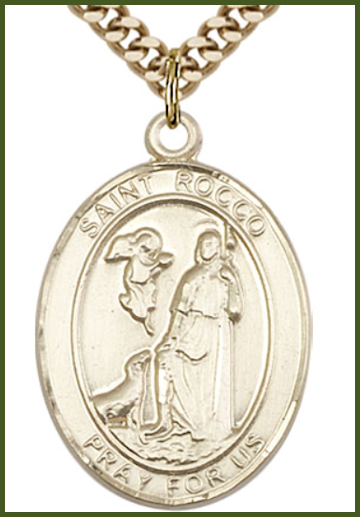 Solid 18kt Gold Medal, 1"x3/4", St. Rocco, Free Chain, # 54455