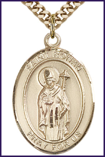 Solid 14kt Gold Medal, 1"x3/4", St. Ronan, Free Chain, # 54461