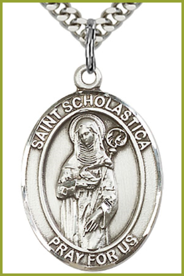 Sterling Silver Medal, 1"x3/4", St. Scholastica, Your Choice of Chain, # 54483