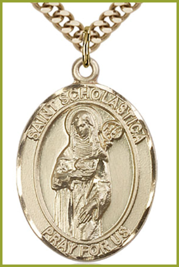 Solid 14kt Gold Medal, 1"x3/4", St. Scholastica, Free Chain, # 54485