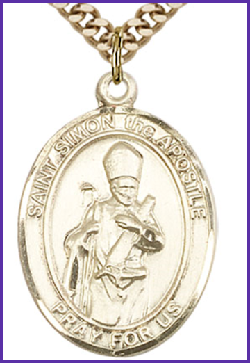 Solid 18kt Gold Medal, 1"x3/4", St. Simon the Apostle, Free Chain, # 54497