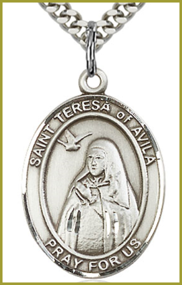 Sterling Silver Medal, 1"x3/4", St. Teresa of Avila, Your Choice of Chain, # 54519