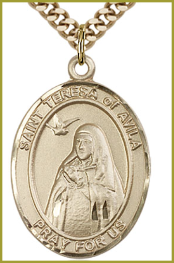 Solid 18kt Gold Medal, 1"x3/4", St. Teresa of Avila, Free Chain, # 54522
