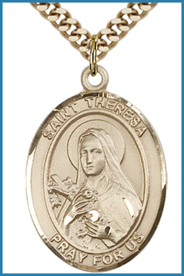 Solid 18kt Gold Medal, 1"x3/4", St. Theresa (of Lisieux), Free Chain, # 54531